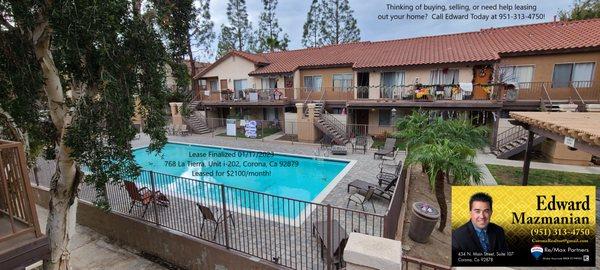 Leased finalized for $2100/month at 768 La Tierra, Unit i-202 in Corona! Buying, selling, or need help with lease? CoronaRealtor@gmail.com