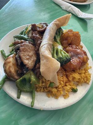 A big pile of delicious Chinese buffet food