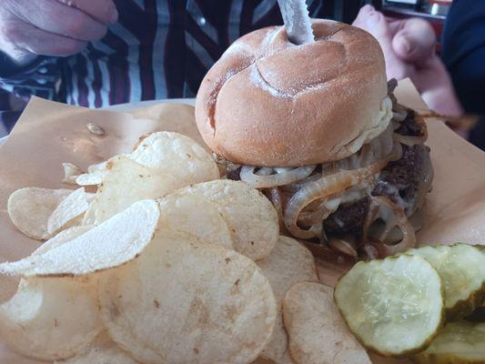 Mushroom Onion and Swiss burger with chips included