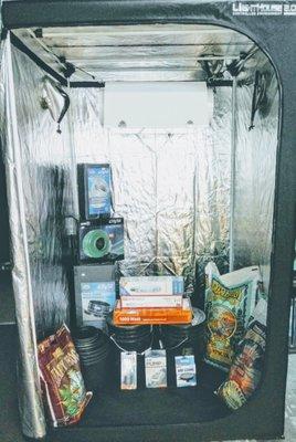 Tents, Air cooled hoods, Inline fans, Carbon Filters, Ducting, Ballast, Soil, Hydroponics, Air stones, Air & submersible pumps.