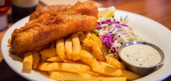Fried fish , fries and cole slaw