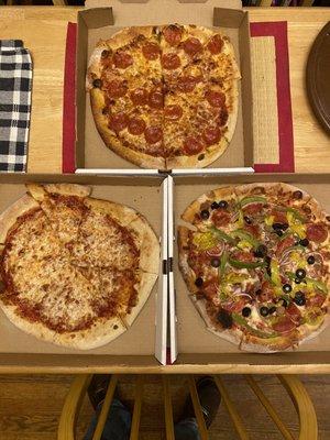 Pepperoni, cheese, & California Kid-Everything But The Kitchen Sink pizzas