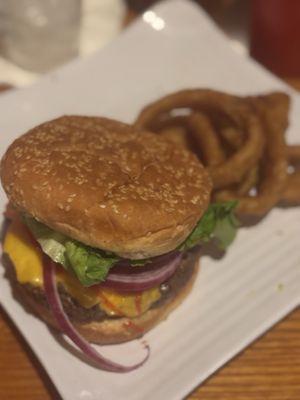 Squire Burger w cheese and Onion Rings