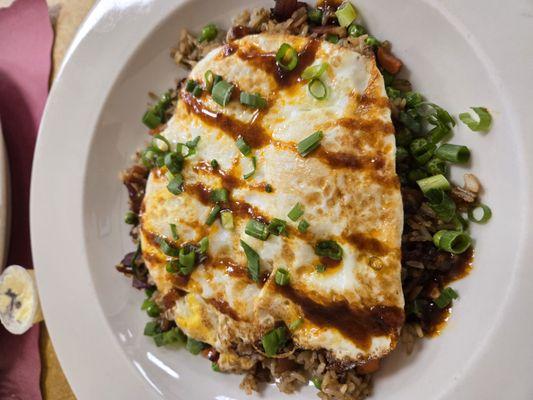 Fried eggs over bacon fried rice