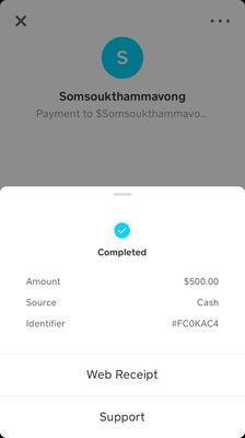 The confirmation #for the $500 sent.