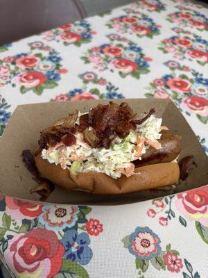 Pineapple- teriyaki sausage with bacon and coleslaw slaw