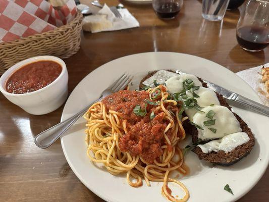 Eggplant Parmigiana I prefer it done crispy & I then dip each bite in the sauce, which I request on the side.
