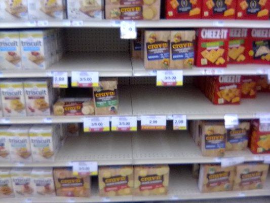 Crackers on sale. Too bad you can't get any. But plenty of the much more expensive brand on-hand.