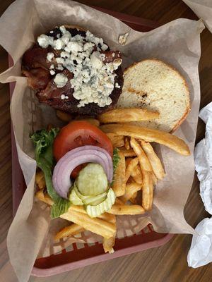 Bleu cheeseburger with bacon and fries. Great.