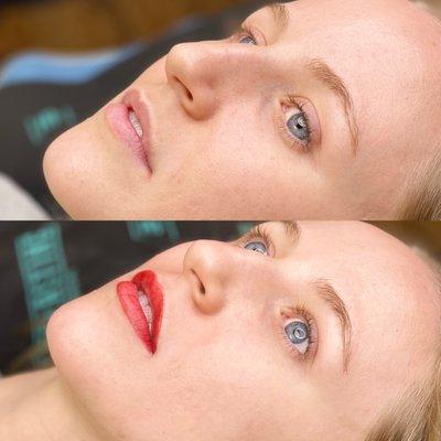 Before and immediately after lip blushing