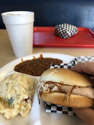 Turkey with baked beans and potato salad. Hubs got the chopped beef. $12 total.