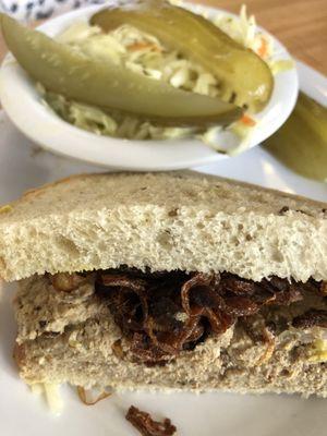 Half chopped liver sandwich with crispy onions