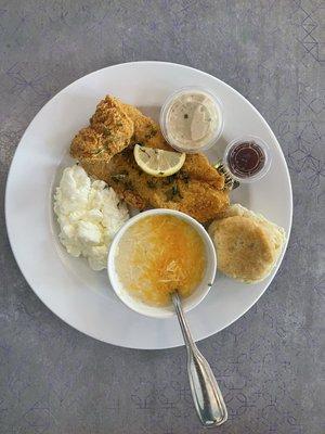 Fried Fish, Egg Whites, Cheese Grits & Biscuit