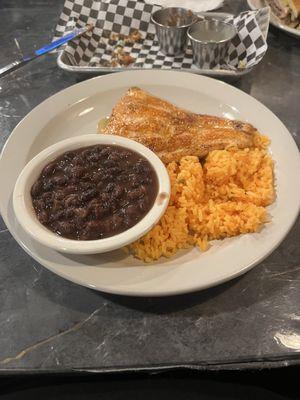 Salmon plate with rice and black beans