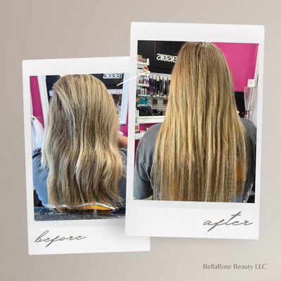 My clients beautiful before / after 22 inch Microweft beaded extensions.