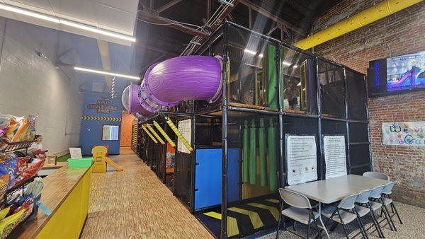 Snack stand, play area, tables