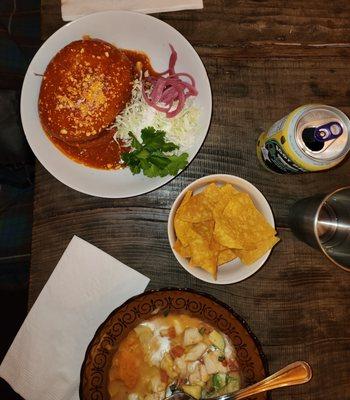 Torta Ahogada ($14)
Daily Ceviche & Chips ($12)
Natural handcrafted root beer made in Ashland