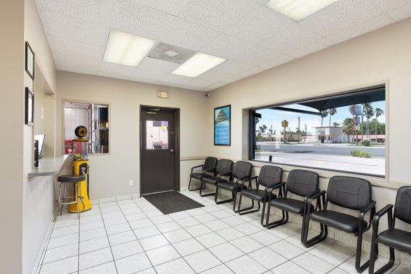 Stay inside your vehicle, or relax inside our lobby with a free water or coffee!