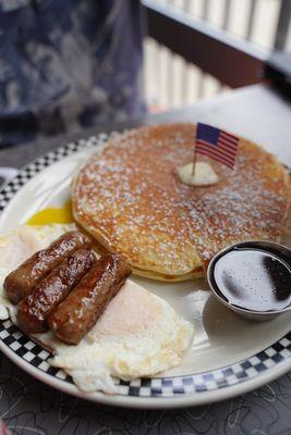 Pancake + over easy eggs and + cevapi (sausage)