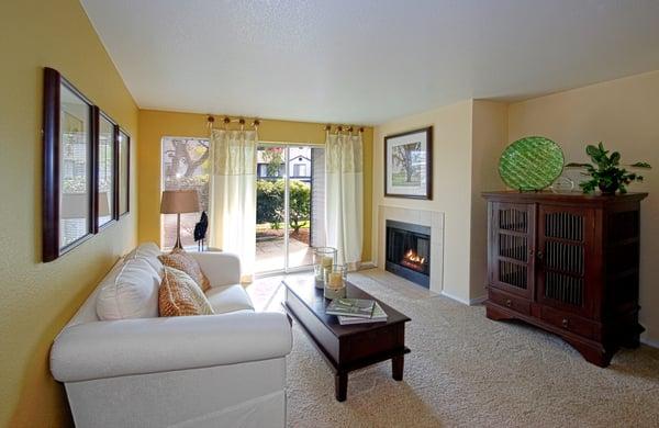 Open Bright Living-room with wood-burning fireplace.
