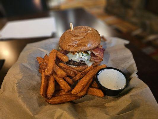 Park West burger with sweet potato fries