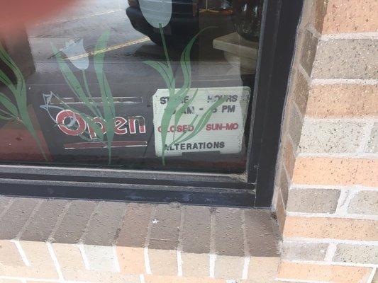 Hours of Operation (Sorry about the terrible camera angel, the hours are 10am - 5pm, Tue - Sat Closed Sun - Mon)