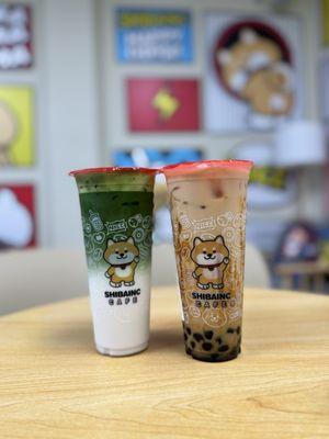 Green tea and brown sugar milk tea with boba
