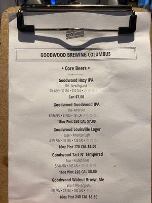 Goodwood Beer menu