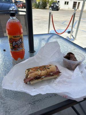 sandwich, cool, drink, meat for the dog.