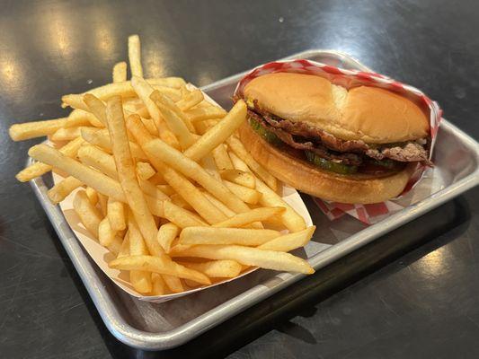 Retro burger, small fries.