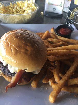 Olive burger with bacon.