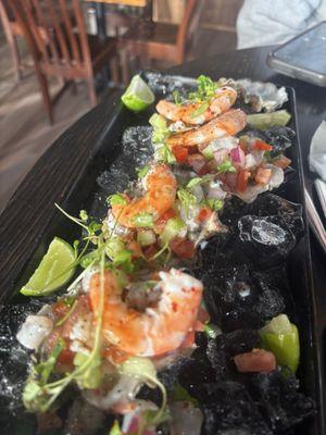 Oysters on the half shell with pico and shrimp