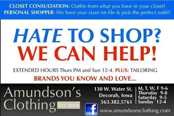We are open 7 days a week, until 6 during the week to help the 9-5 crowd, and on Thursday night until 8pm and 12-4 on Sundays!