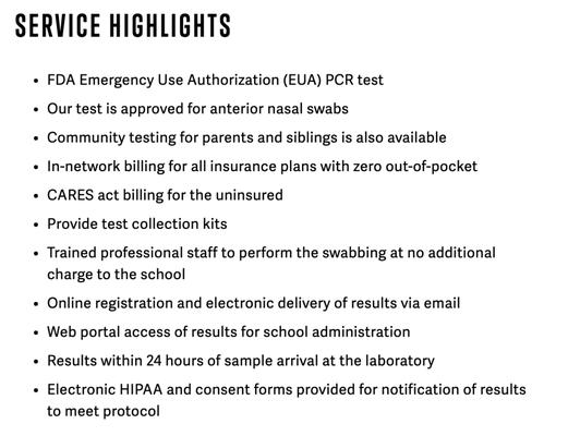 False claims of 24 hour sample turnaround for group COVID testing. Lab has not returned results in more than 48 hours and not met promises.