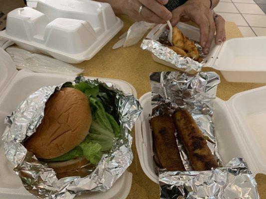 Burger, plantains, potato pancakes