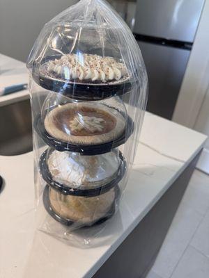 Coconut cream, chocolate cream, pumpkin, custard.