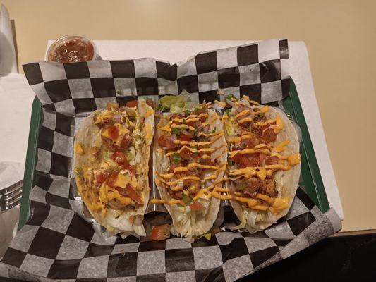 Shrimp Tacos ( I was getting ready to start eating so that is why the first taco on the left was like that)!