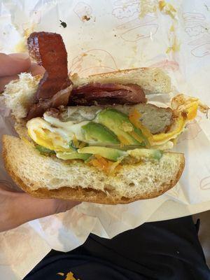 Loaded BEC - 2 eggs over medium, bacon, cheddar
 cheese, hashbrown, avocado, habanero jam