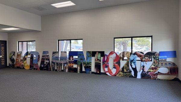 Custom plywood letters for a temporary installation at the Sacramento Convention Center