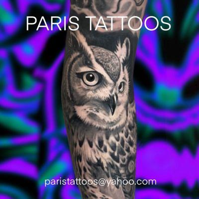 Owl Tattoo by Famous Internationally Renowned Tattoo Artist Paris Pierides of Paris Tattoos in Charlotte NC