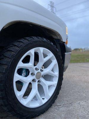 Gloss White Powder coated wheels with Turquoise calipers with the money bag logo to make pop!
