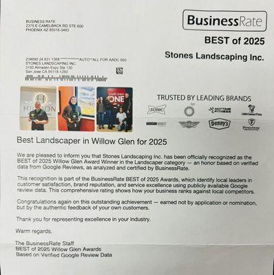 Honored to be Best Landscaper in Willow Glen 2025. We may not be the cheapest, but we're committed to quality, service, and passion.