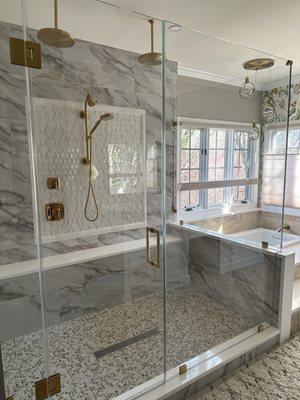 Glass shower surround installed for 5x8 shower with 8 foot height.  Looks great right? :)