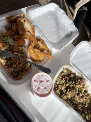 Fried shrimp, mandarin chicken or sweet and sour (I forgot), vegetable fried rice, and chicken Egg foo young..
