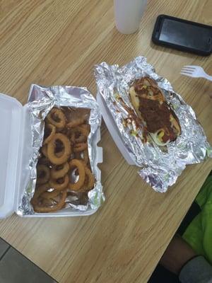 Onion rings, coney dog
