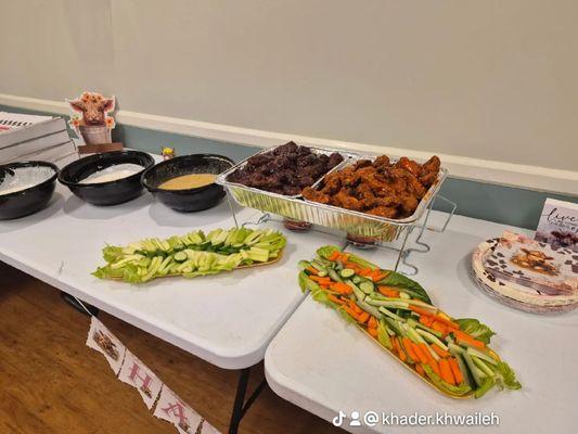 Catering! This was 100 wings, 2 big trays of homemade baklava, and 10 XL pizzas. Veggie trays for the birthday girl's parents!