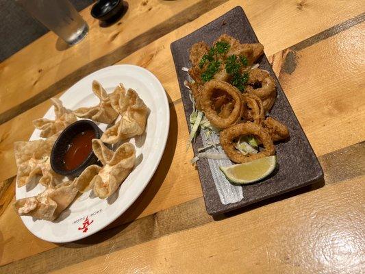 Cream Crab Cheese Wontons and Crispy Calamari
