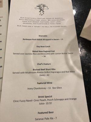 Special Menu. Just an FYI: Can't fairly critique anything as I didn't order anything. $36 for cod and $42 for short ribs sounds high?