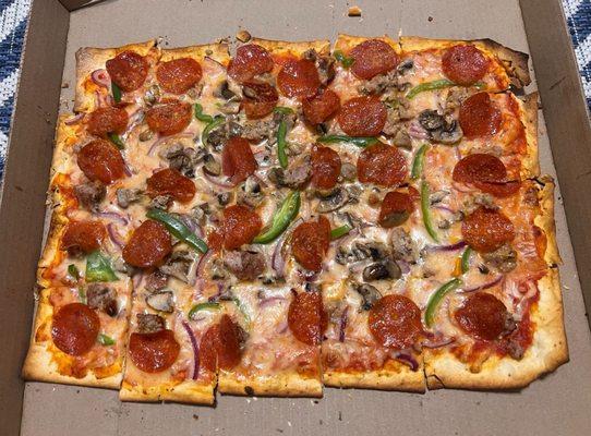 The Alexander (Supreme) House Made Pizza Sauce + Provel Cheese Blend + Pepperoni + Italian Sausage + Mushrooms + Onion + Green Peppers - $14