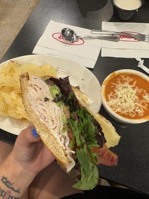 California club sandwich, tomato, basil soup, & chips!